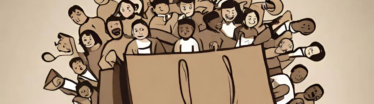 Illustration of a team gathered around a brown-bag lunch session.