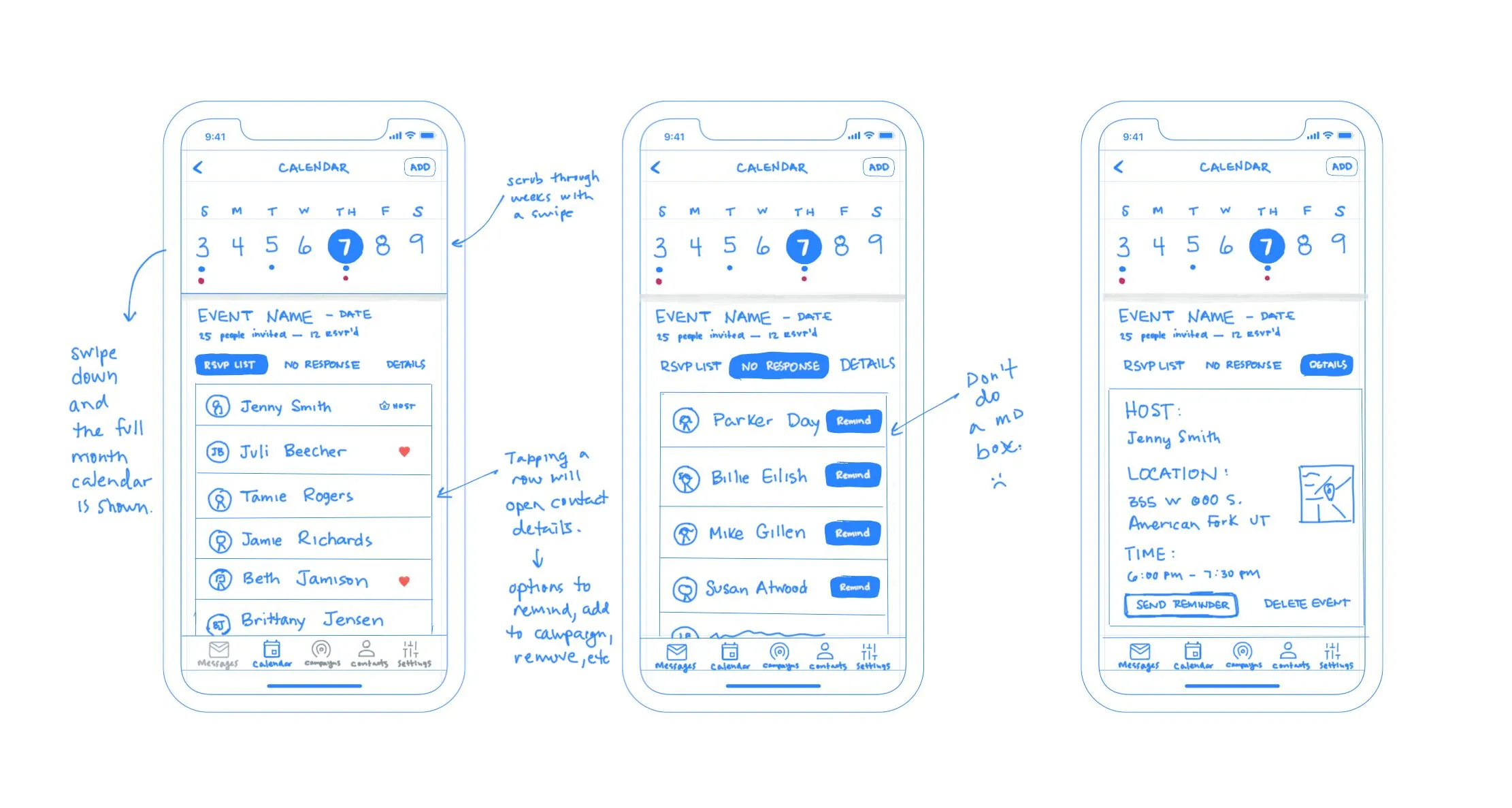 Concept wireframes for event management and calendaring.