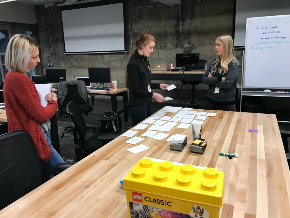 Students grouping cards on a wall during a card sorting exercise.