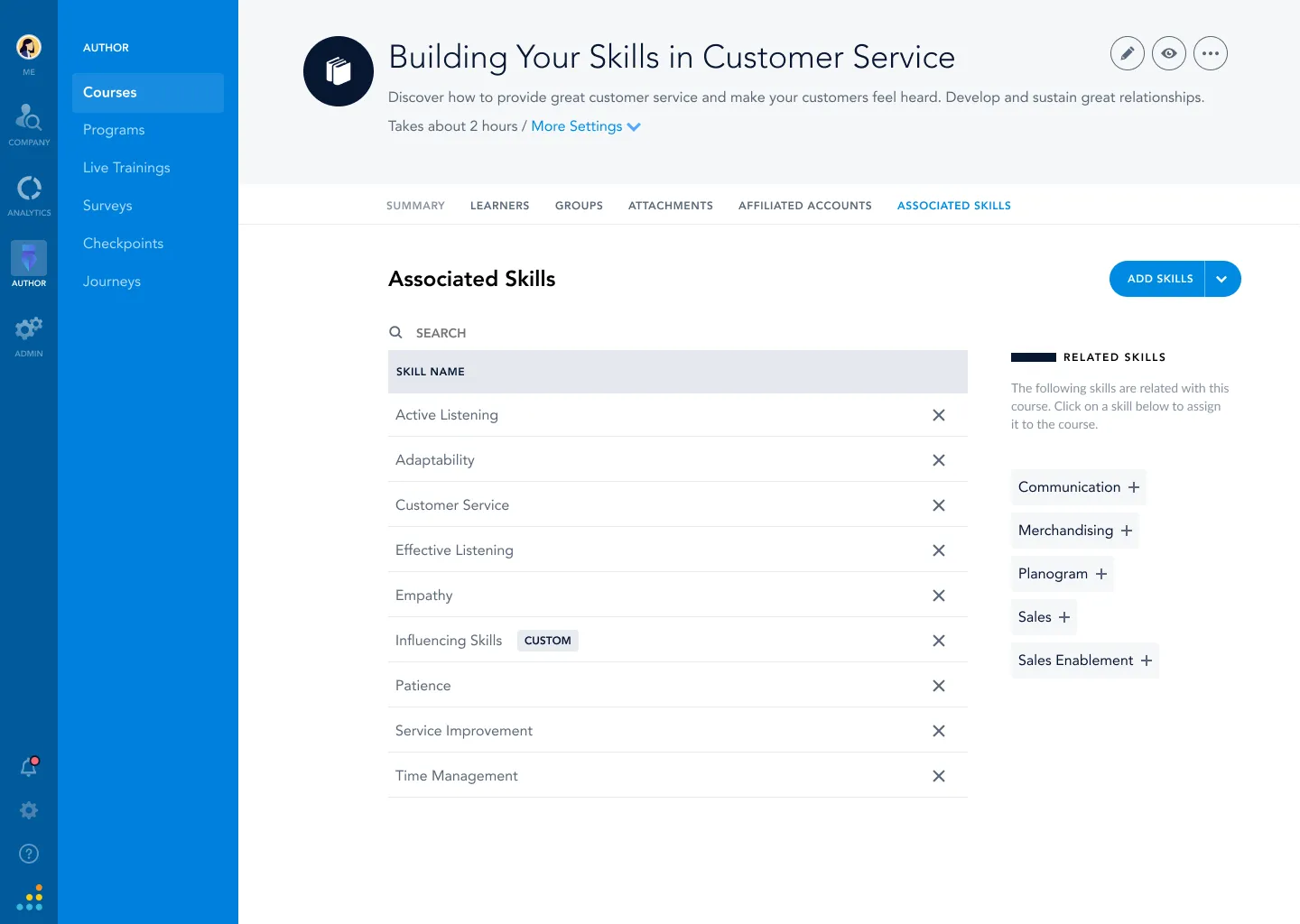 A course editor’s Associated Skills tab, showing a course tagged with skills like Active Listening, Customer Service, and Empathy, with related skills suggested alongside.