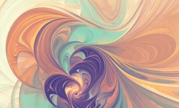 Flowing abstract artwork in orange, teal and violet.