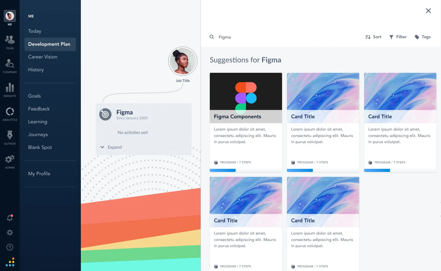 A development plan screen with a Figma skill search returning a mix of real and placeholder course suggestions.