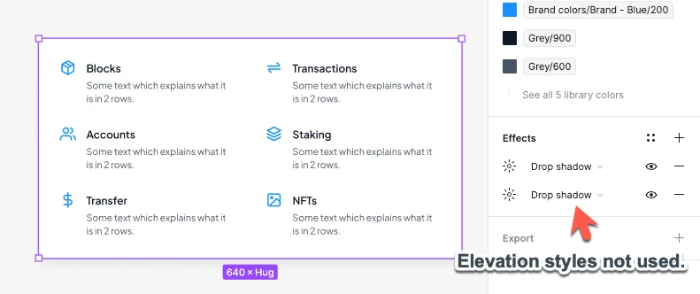 A Figma component with 2 drop shadows applied directly instead of a saved elevation style.