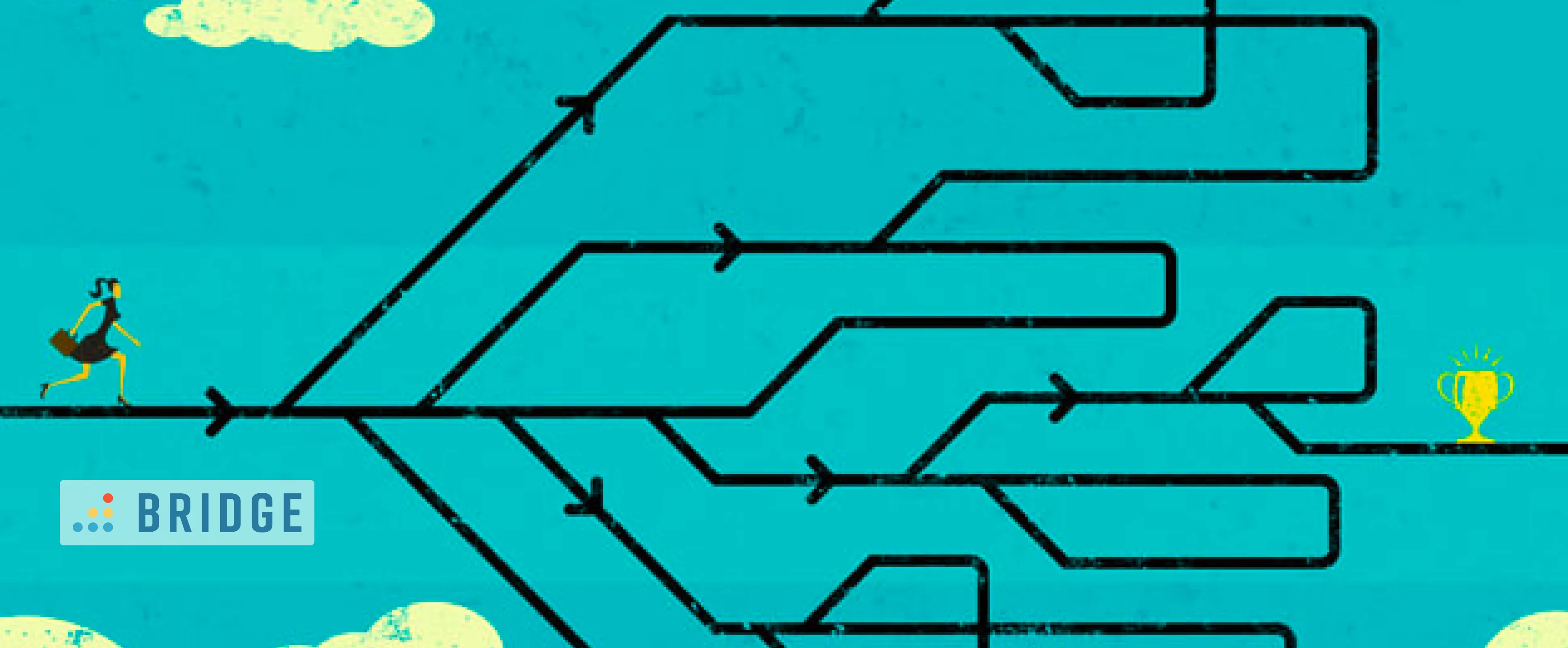Illustration of a woman looking at the many different paths she can traverse for her career.