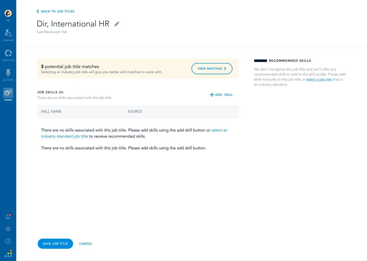 A job profile screen showing how to add recommended skills.