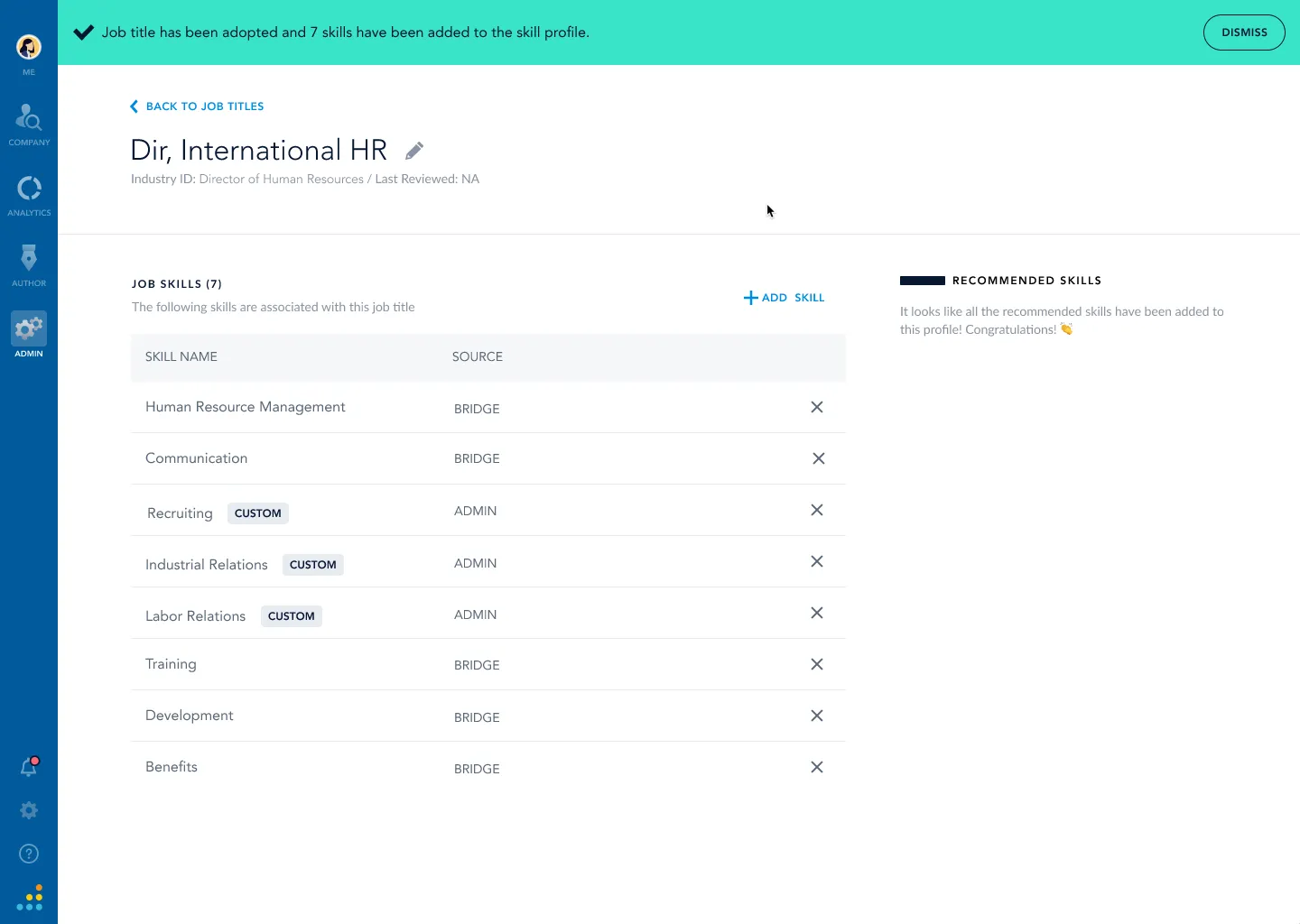 A confirmation banner reading job title has been adopted and 7 skills have been added to the skill profile, with the newly assigned skills listed below.
