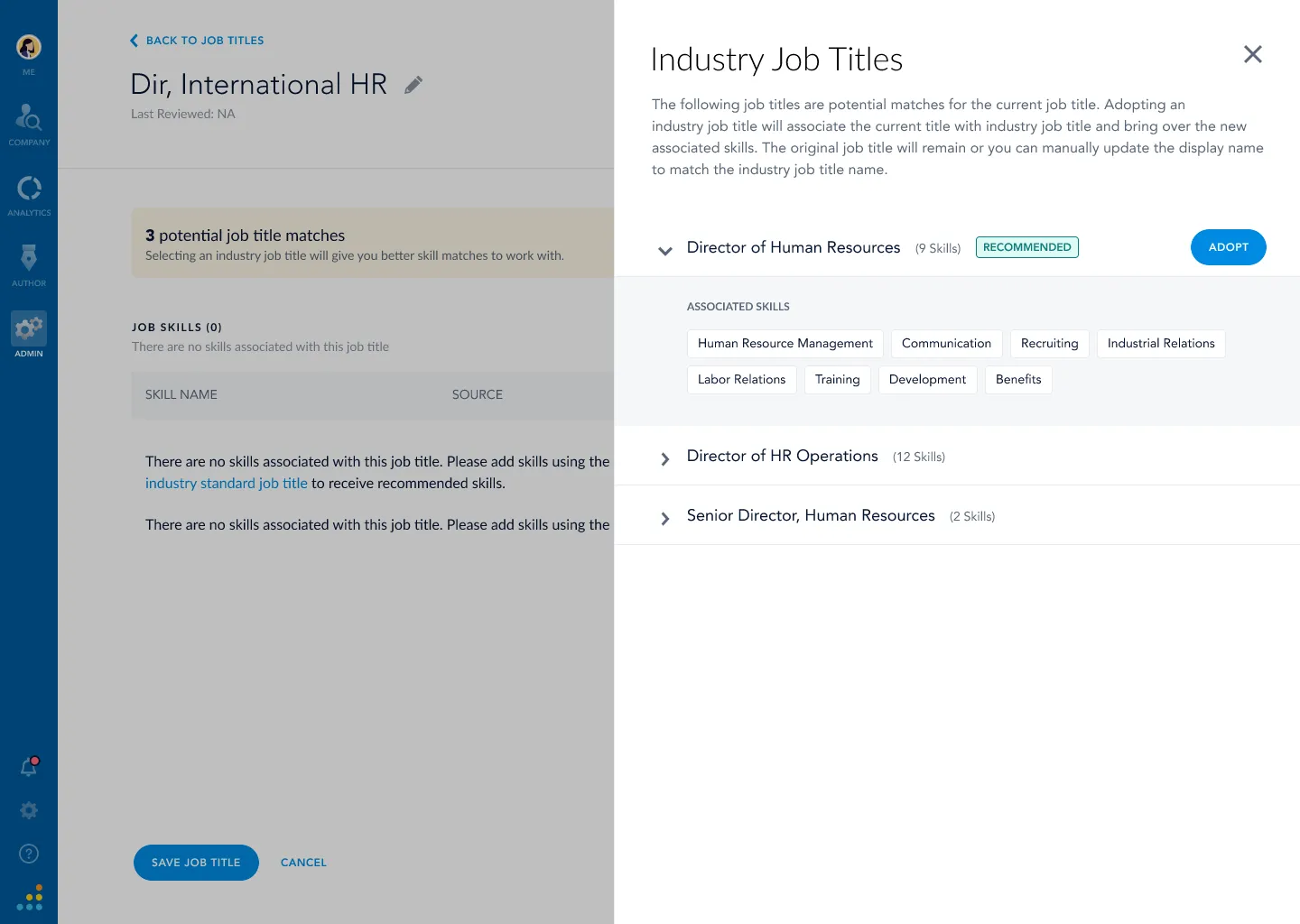 A panel showing three potential industry job title matches for an admin’s custom title, with associated skills for the recommended match and an adopt action.