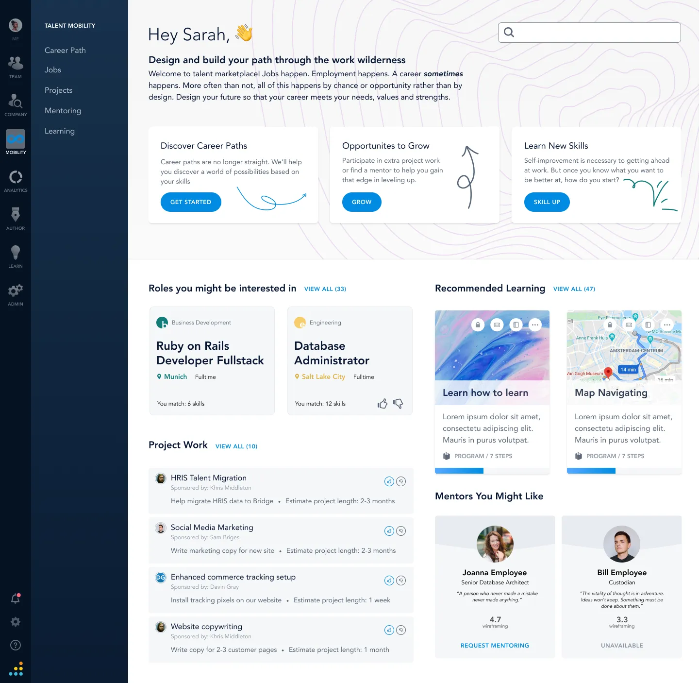 The Bridge Talent Marketplace home dashboard, greeting a user with career path, growth opportunity, and skill building cards alongside recommended roles, learning, and mentors.