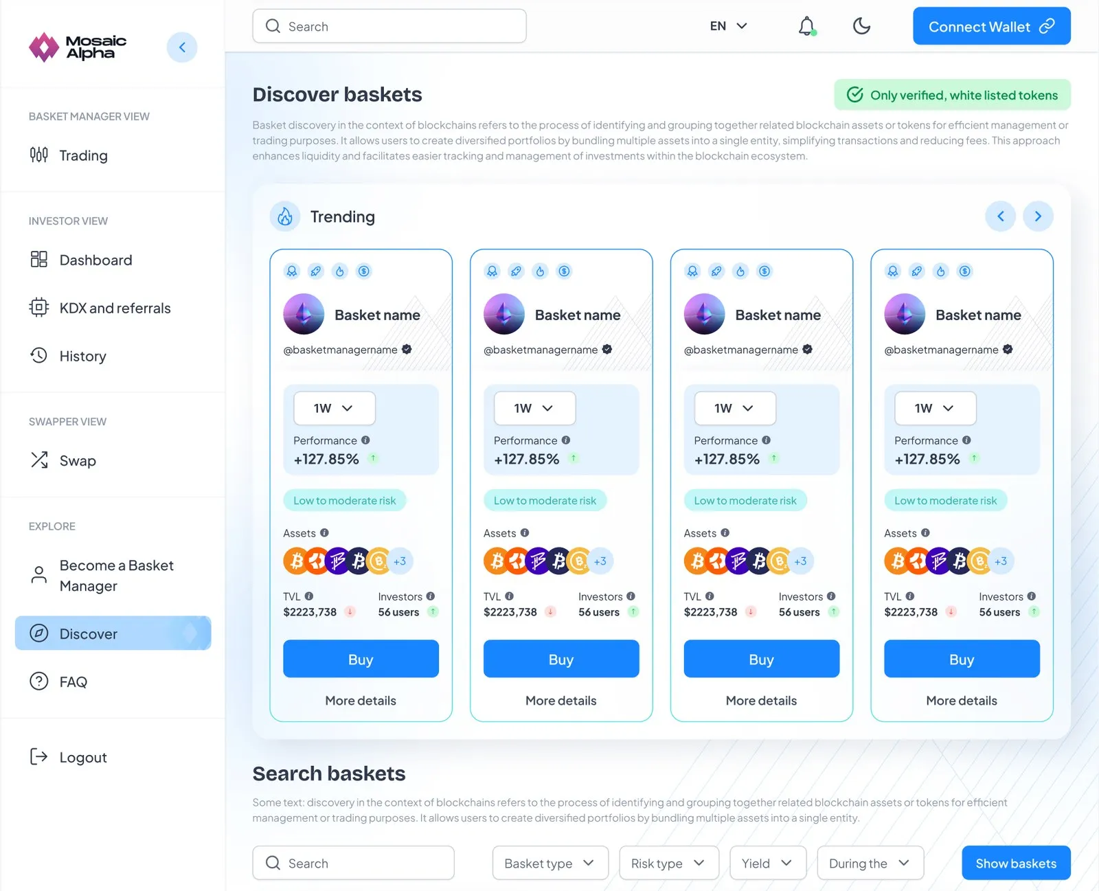 The Mosaic Alpha Discover Baskets screen.
