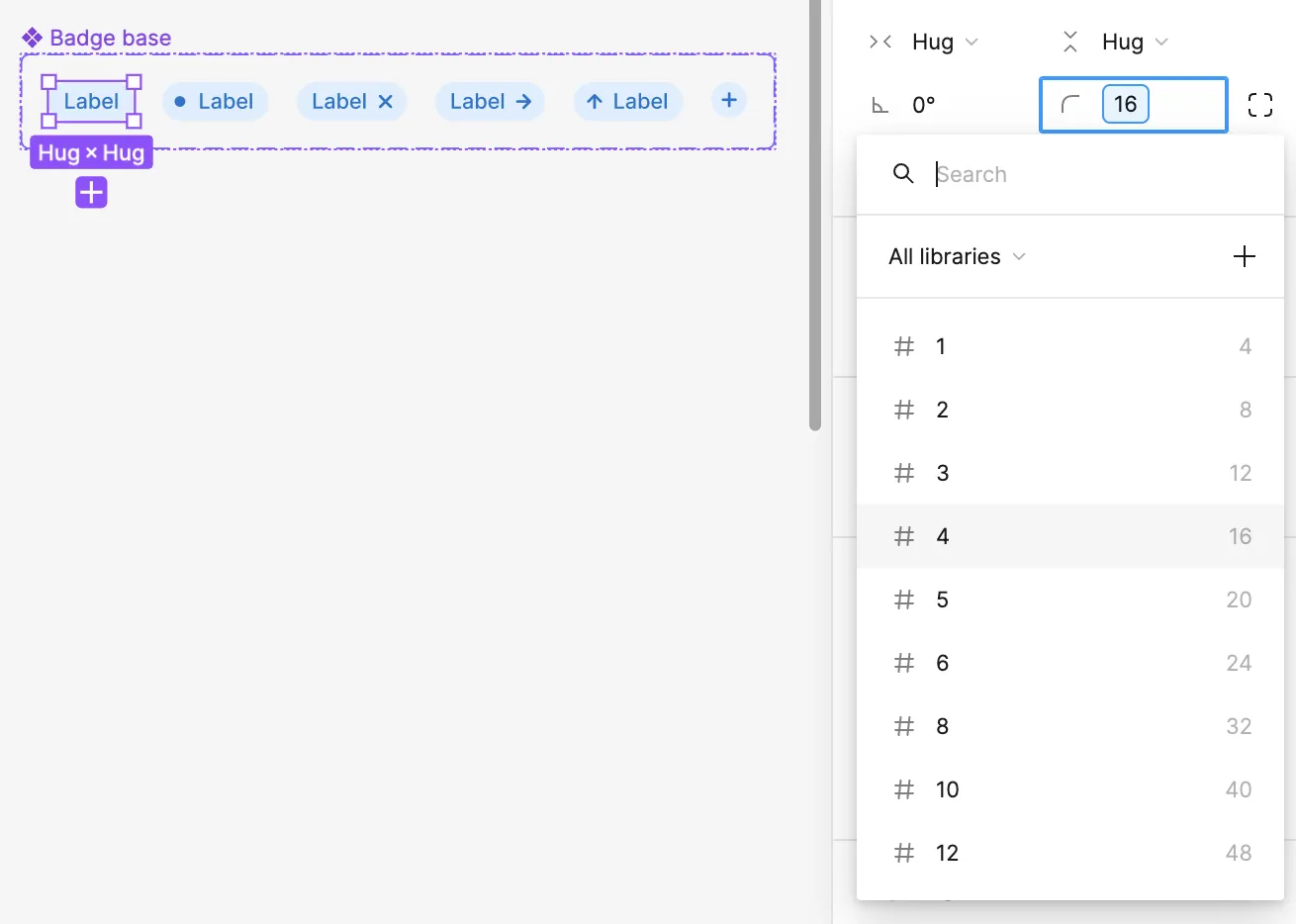 The Figma radius field set to a saved spacing variable instead of a typed number.