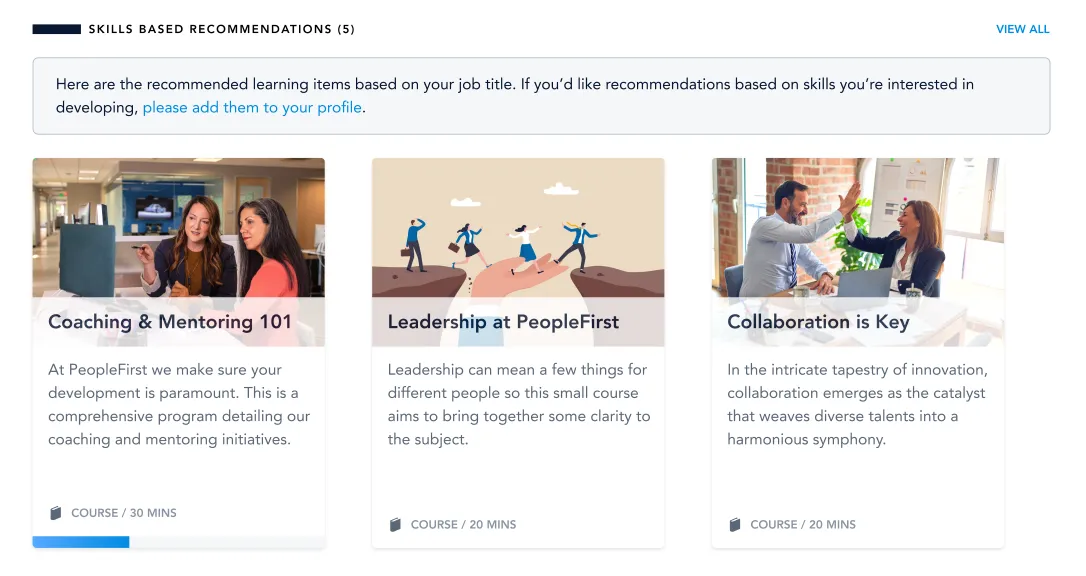 Skill-based learning recommendations in the Bridge app.