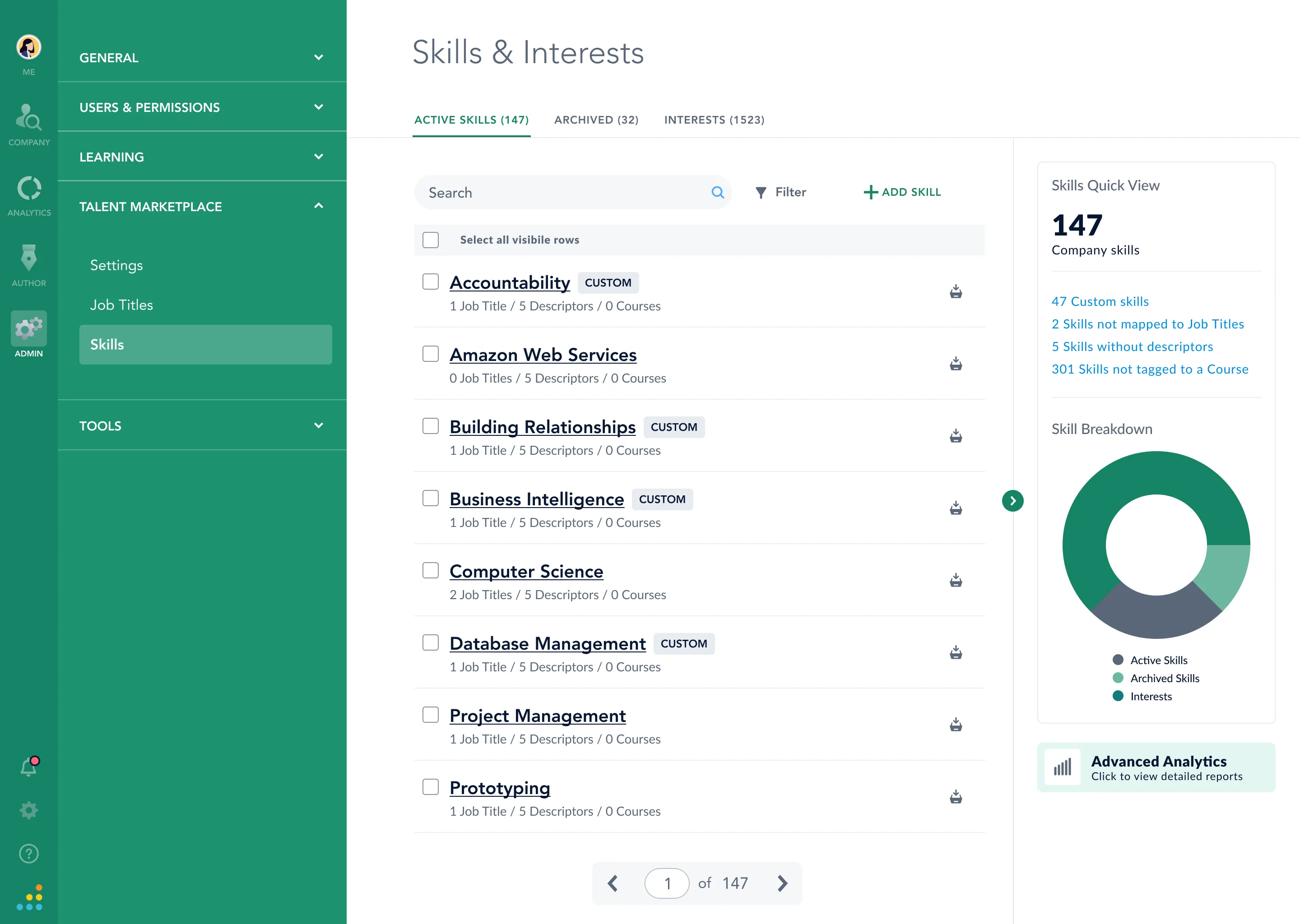 A company wide Skills and Interests list with active, archived, and interest tabs, alongside a Skills Quick View panel showing a breakdown of active versus archived skills.