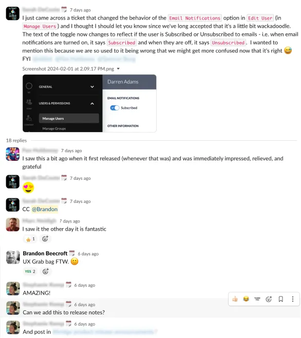 A Slack conversation about a released UX Grab Bag ticket.