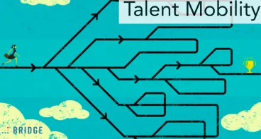Illustration of a woman running along one of many branching career paths toward a trophy.